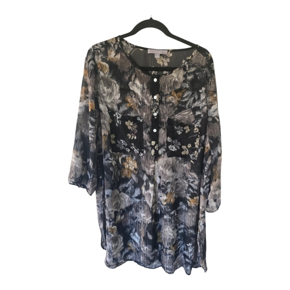 Valerie Stevens Floral Tunic Pop Over  Women 3XL Mixed Print Sheer Fairygrunge - Picture 1 of 15